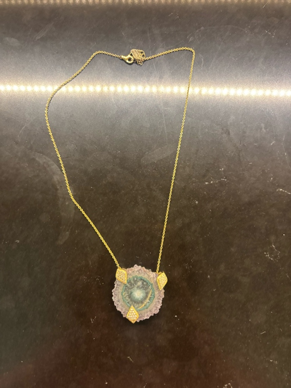 Gold Chain Necklace with Green-Purple Geode Pendant